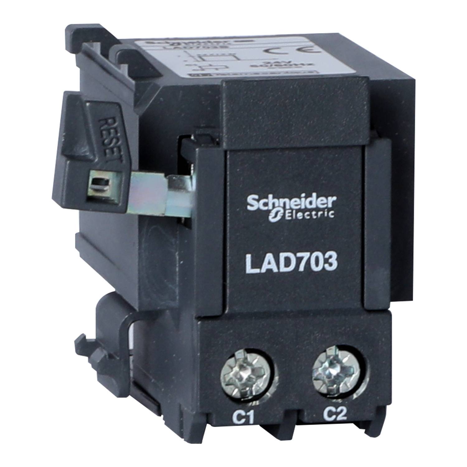 Sort-gråt elektrisk modul med påskrift 'Schneider Electric LAD703'. Foroven er der en reset-knap. Forneden er tilslutningerne C1 og C2.