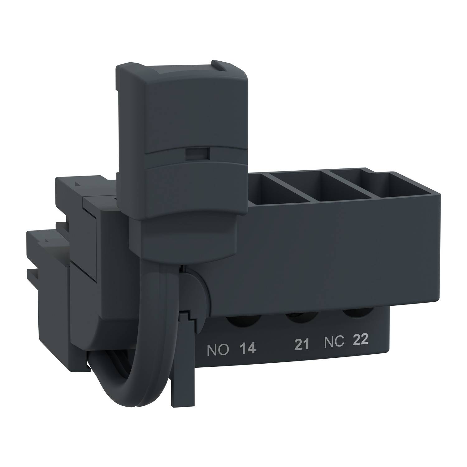 En sort magnetisk sensor med terminalblokke. Den er mærket med 'NO', '14', '21' og 'NC', '22'.