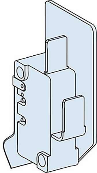 Teknisk tegning af en komponent med flere flige og åbninger, sandsynligvis en del af en mekanisk eller elektrisk enhed.