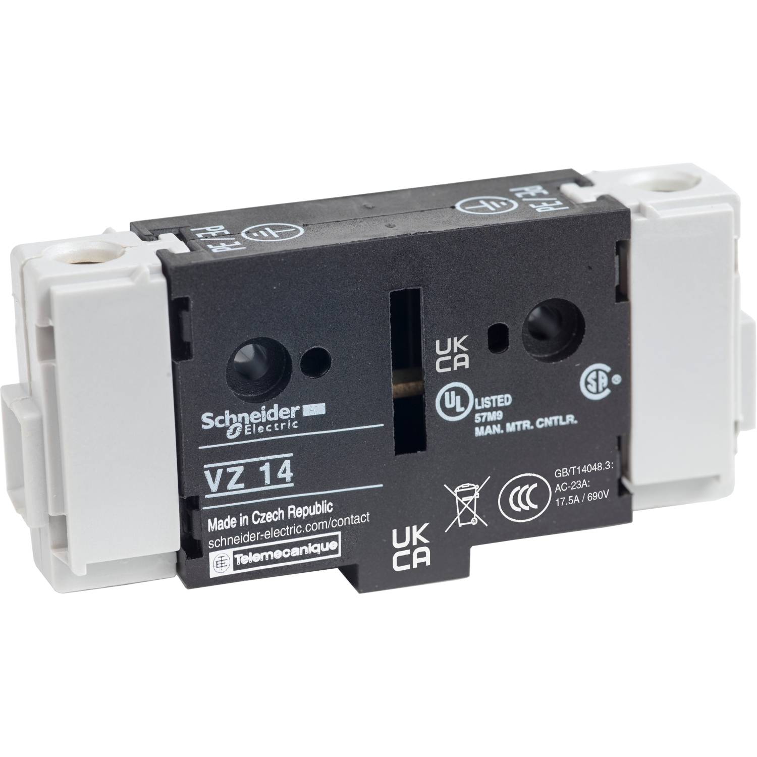 Schneider Electric VZ 14 forbindelseselement, sort-hvid, med UKCA- og UL-certificeringer. Fremstillet i Tjekkiet.