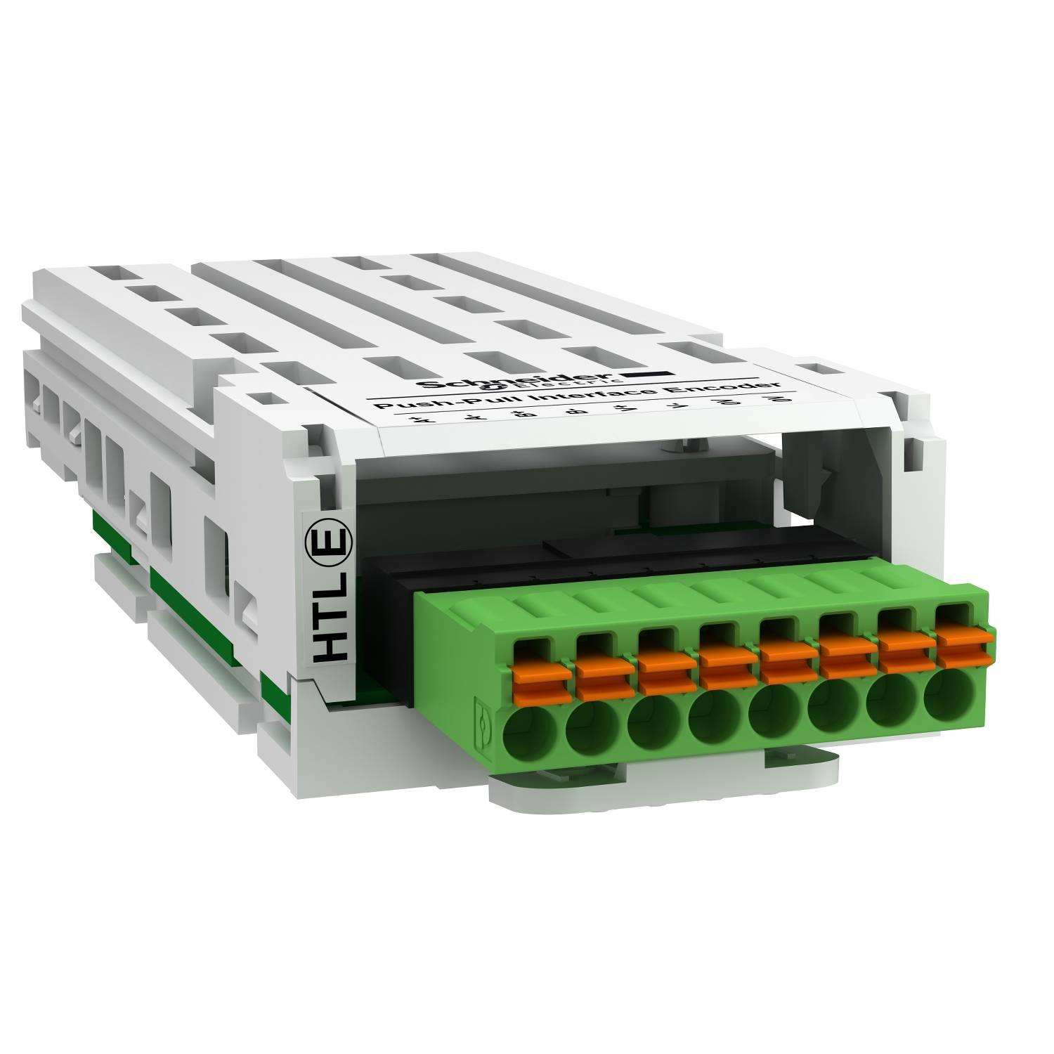 En hvid elektronisk modul med en grøn stik og orange klemmer, mærket med 'HTL' og 'Schneider Electric'.