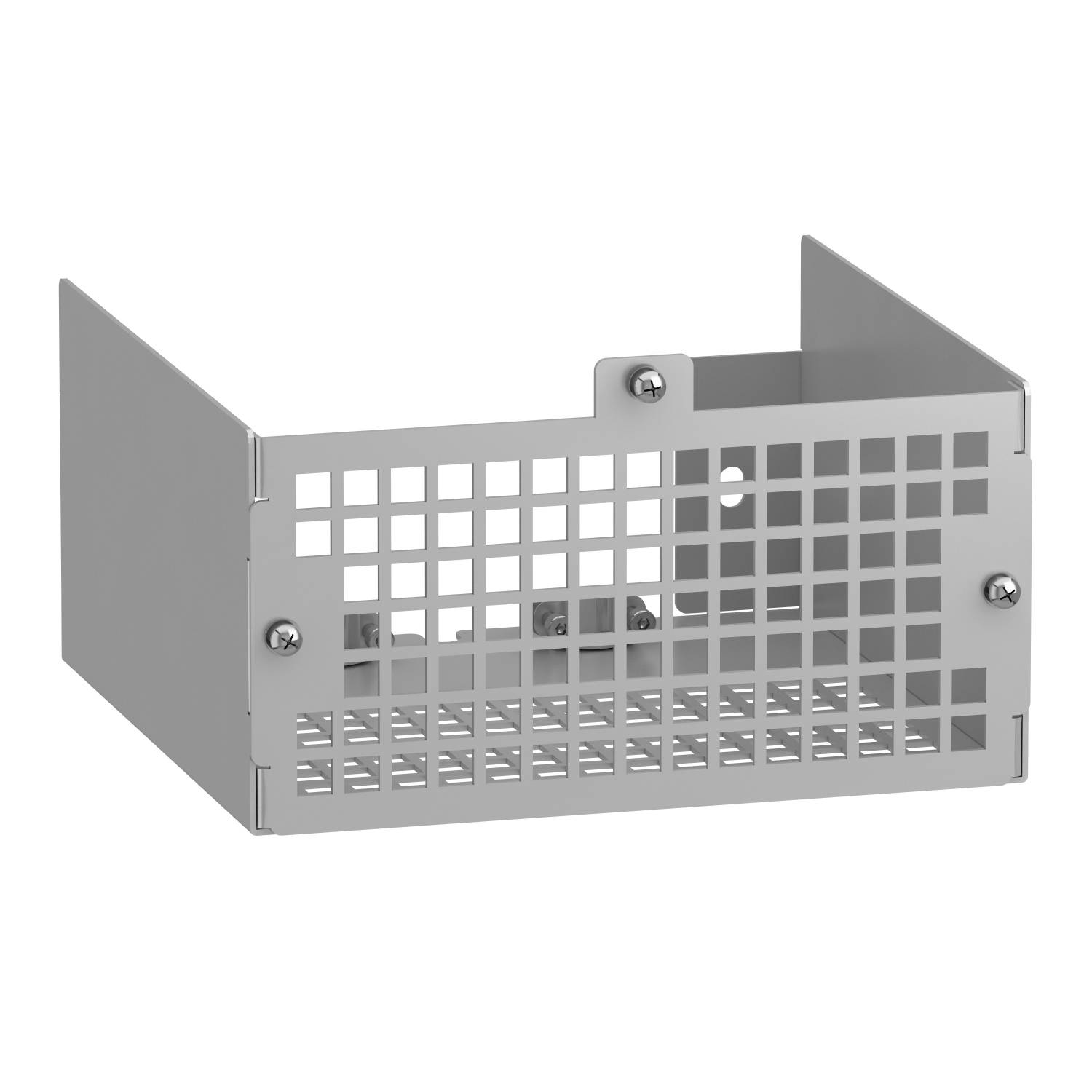 Metalgitterboxen har en rektangulær form med åbne sider og skruer til vægmontering, egnet til beskyttelsesformål.
