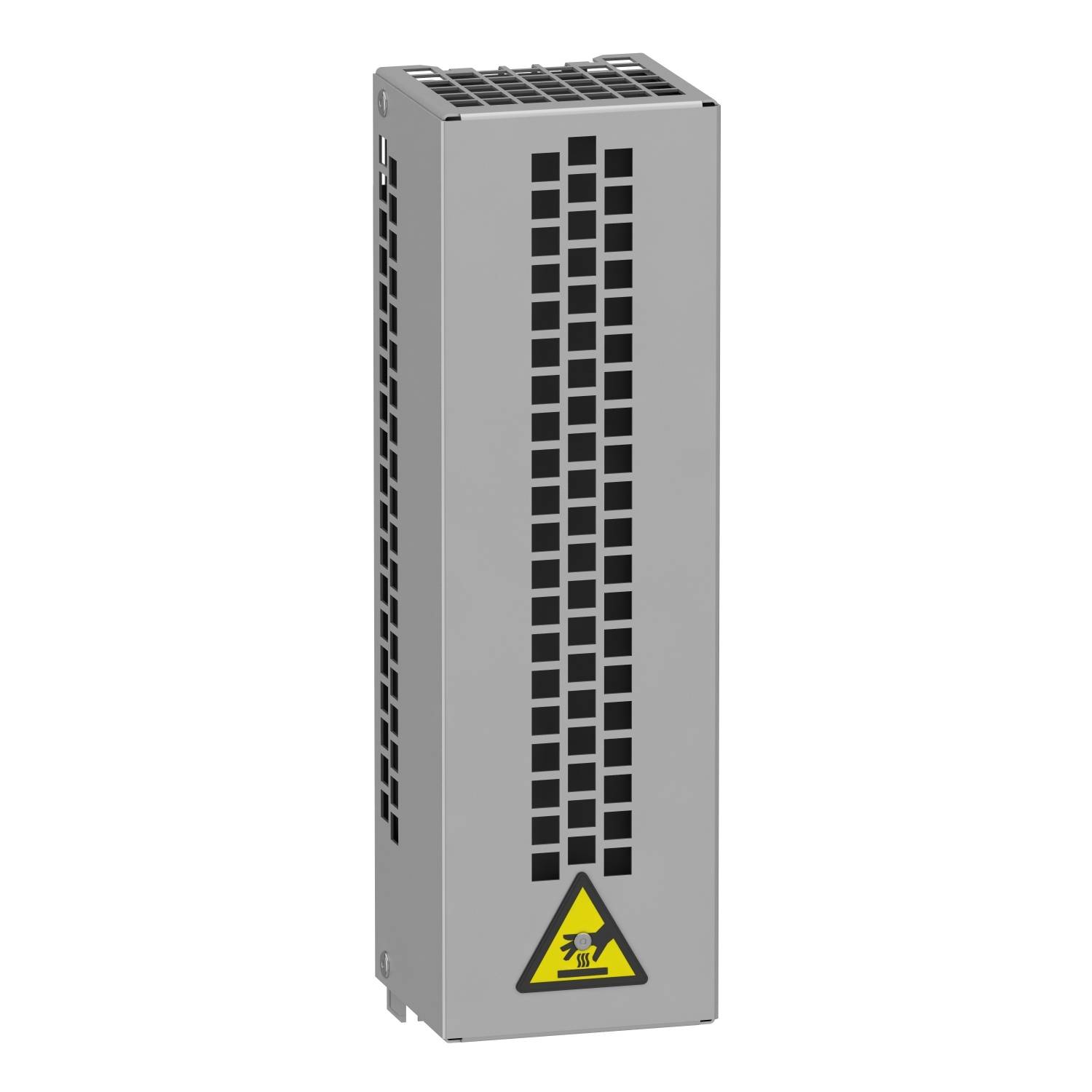 Rektangulær, grå kontrolskabsradiator med sort ventilationsgitterstruktur og advarselssymbol for høj temperatur i bunden.