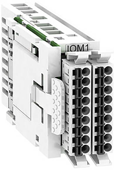 Et hvid-grå elektronisk komponent mærket 'IOM1' med flere stikforbindelser, anvendt i elektriske tavler.