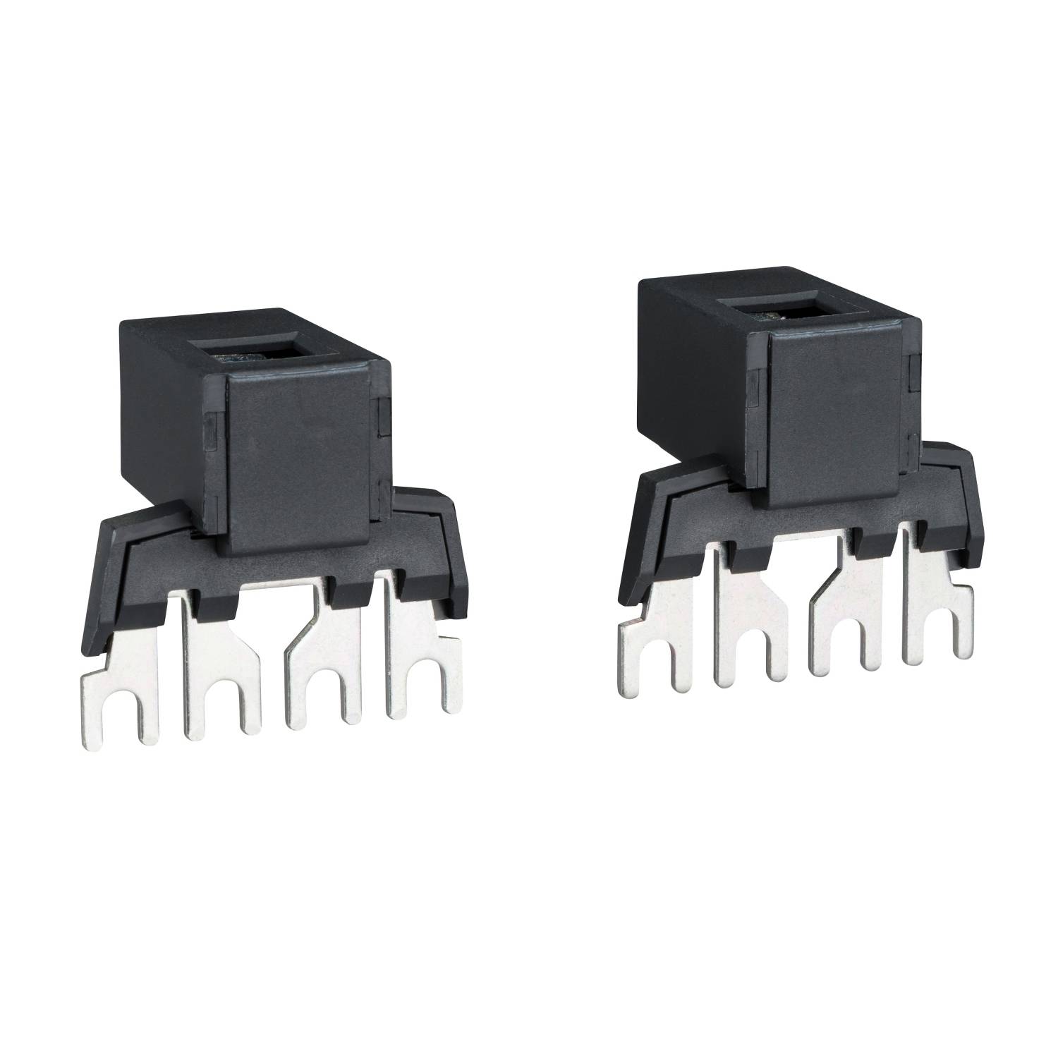 To elektriske sorte stikforbindere med flere metalliske kontakter, placeret ved siden af hinanden foran en hvid baggrund.