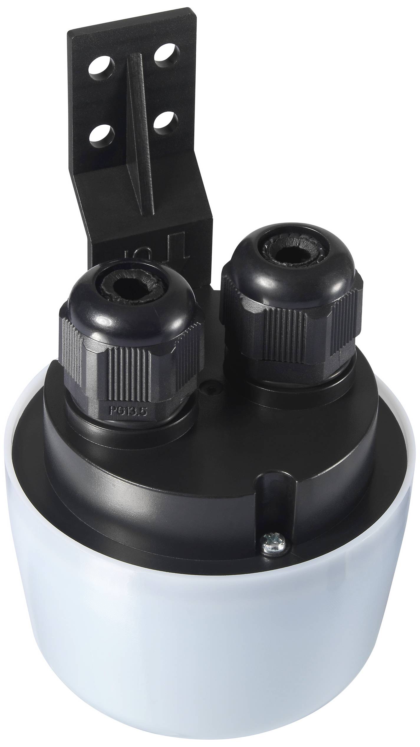 Elektrisk enhed med to kabelforskruninger, cylindrisk kabinet og beslag. Egnet til industrielle anvendelser.