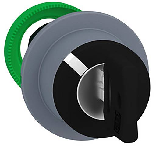 Grå og sort drejeknap med grøn ring, bruges til styring af maskinfunktioner.