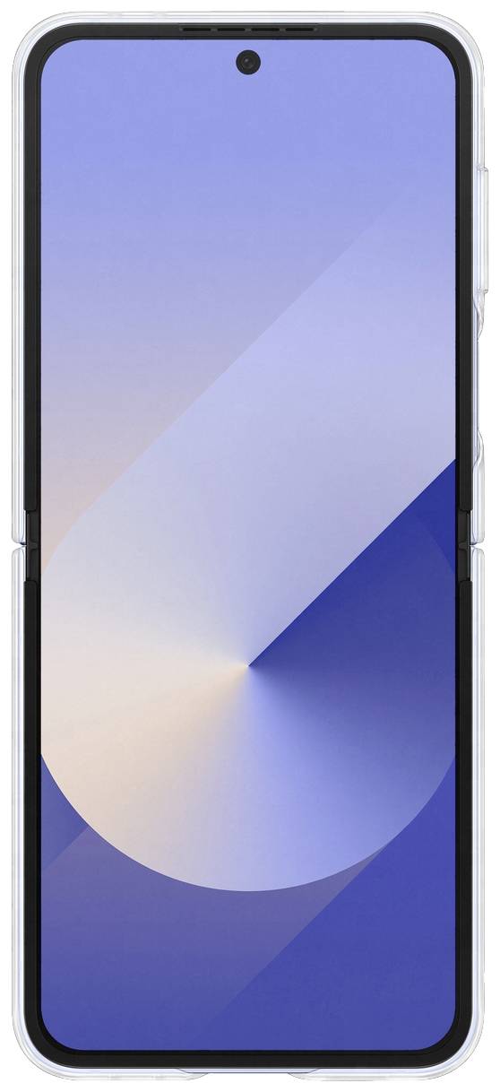 Smartphone med minimalistisk startskærm, blå og beige baggrund, tynd ramme; centralt kamerahul øverst.