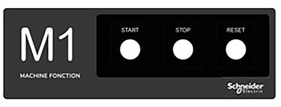 Sort betjeningspanel 'M1' med tre knapper: 'Start', 'Stop', 'Nulstil'. Schneider Electric logo i højre nedre hjørne.