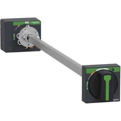 Schneider Electric betjeningskontakt med lang aksel. Kontakten er sort med grønt pilesymbol og viser retning 'I' (Tændt).