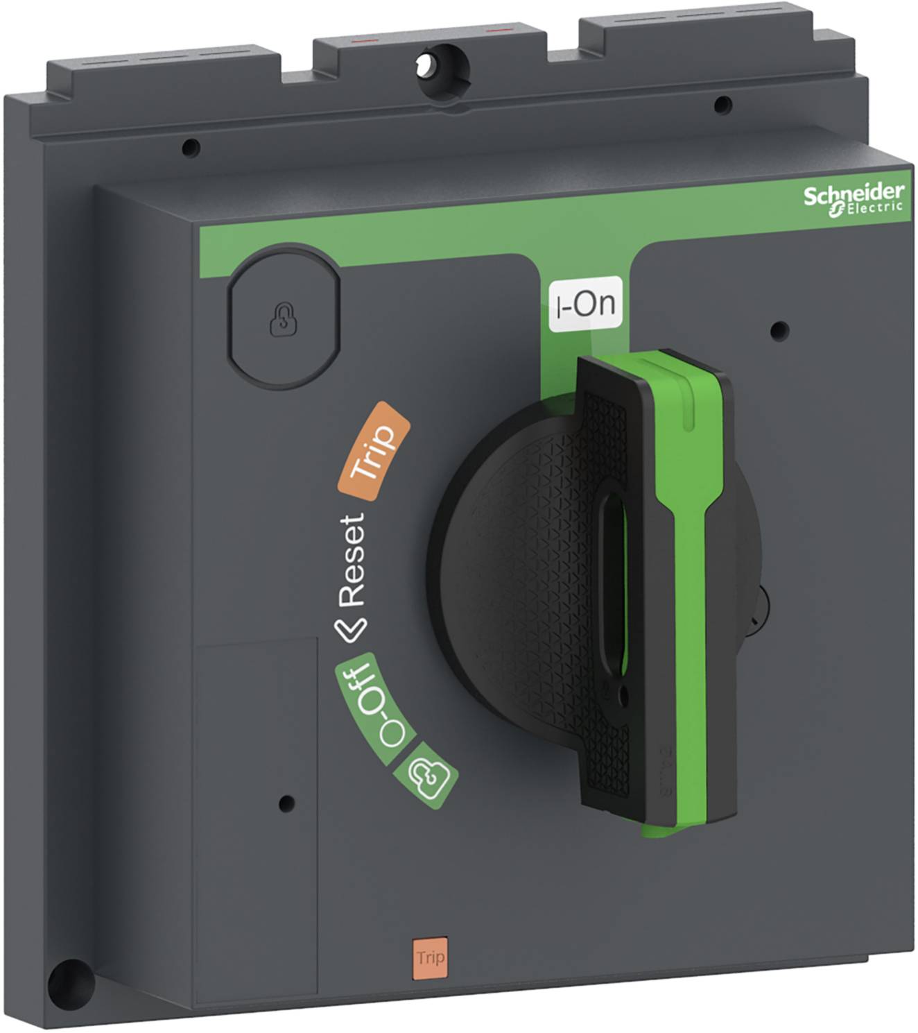 En kontakt fra Schneider Electric med positionerne 'I-On', 'Trip', 'Reset' og 'Off'. Kontakthåndtaget står på 'I-On'.