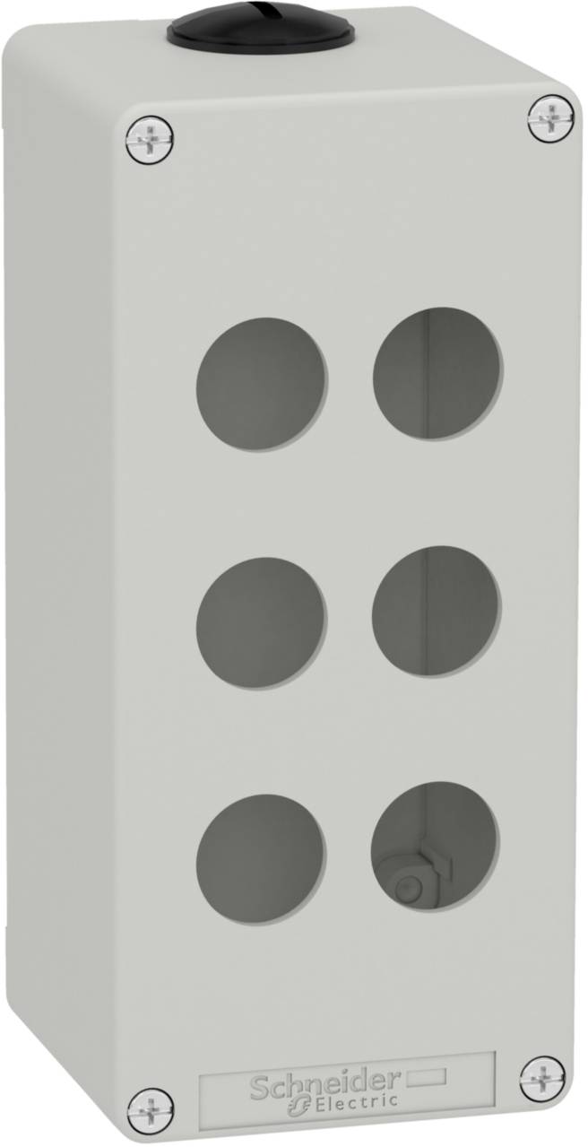 Grå, rektangulær kabinet med seks runde udskæringer, egnet til kontakter eller knapper. Schneider Electric logo nederst.