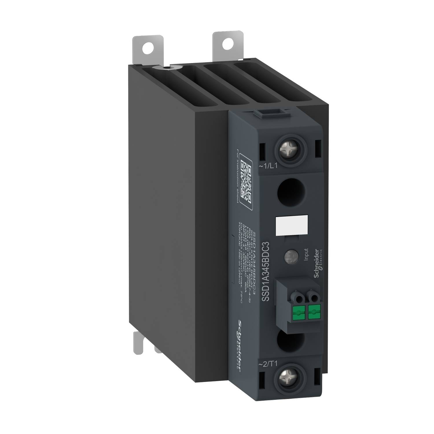 Et enfaset solid state-relæmodul fra Schneider Electric i sort, med metalbeslag foroven, velegnet til industrielle anvendelser.