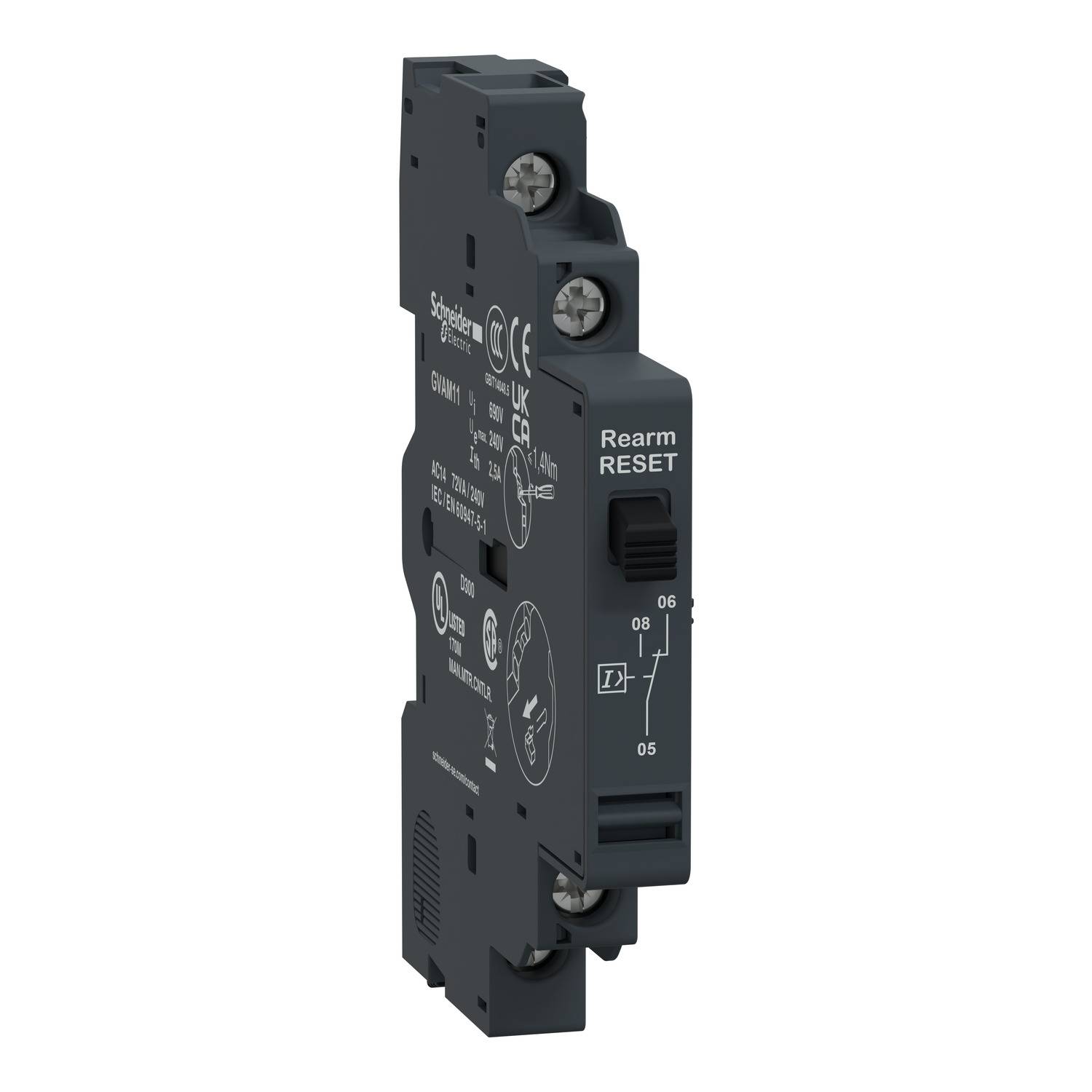 En sort strømkredsbryder fra Schneider Electric med påskriften 'Rearm RESET'. Symboler og tekniske specifikationer er vist på enheden.