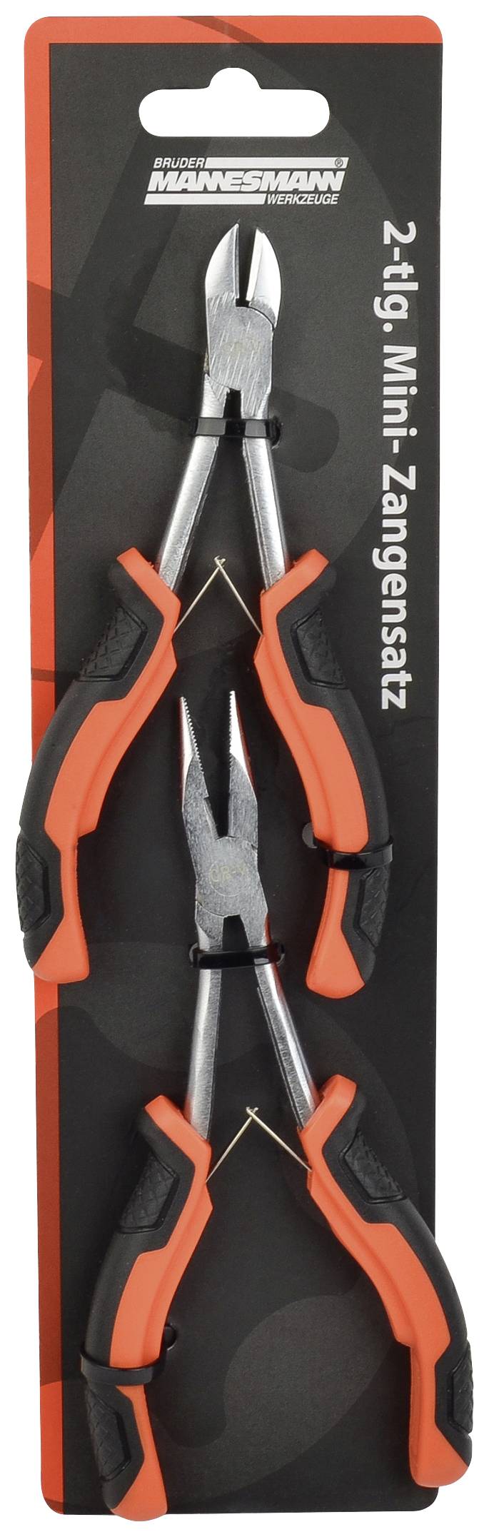 To sæt miniaturer-tænger med røde og sorte greb, placeret lodret. Emballagen viser '2-delt mini-tangsæt' fra Brüder Mannesmann.