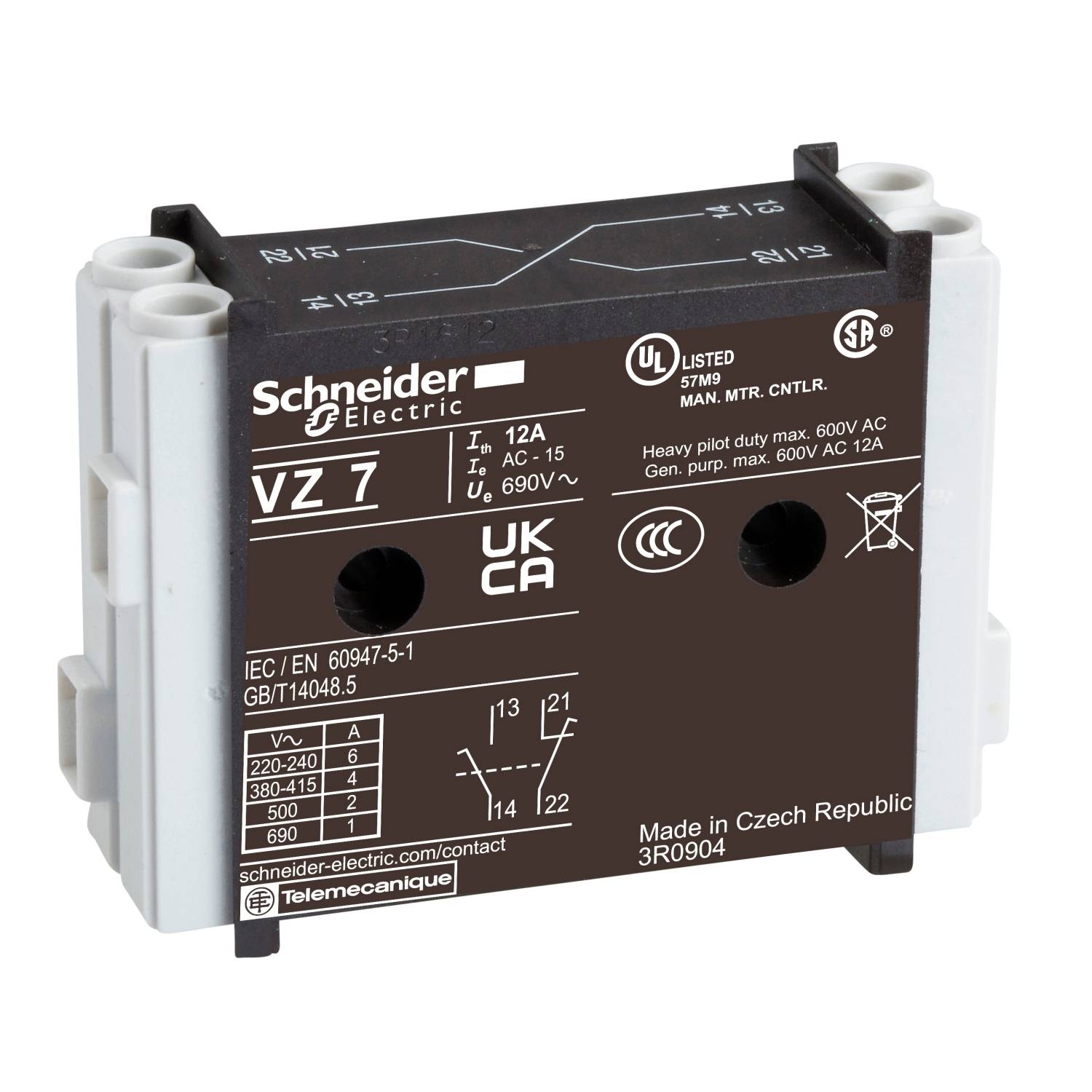 Et sort relæmodul med påtrykt 'Schneider Electric VZ7', tekniske specifikationer og certificeringslogoer på forsiden.