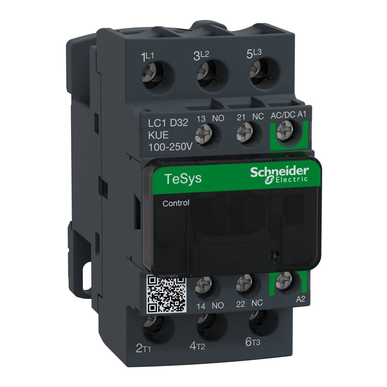 'Kontaktor fra Schneider Electric, model TeSys, med tilslutninger og QR-kode, egnet til 100-250V vekselstrøm.'