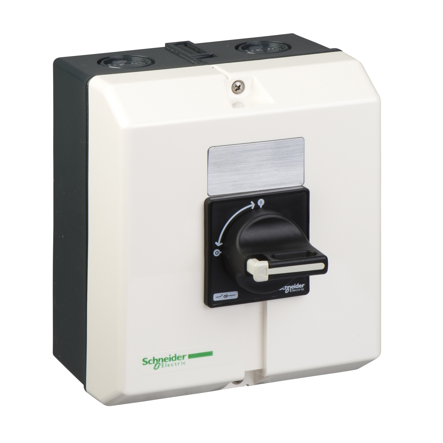 En rektangulær elektrisk kontakt med et drejeligt betjeningsgreb i midten. Brandnavnet 'Schneider Electric' trykt i venstre nederste hjørne.