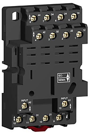 En sort elektrisk sokkel med flere nummererede tilslutninger og metalliske kontakter, beregnet til fastgørelse af elektriske komponenter.