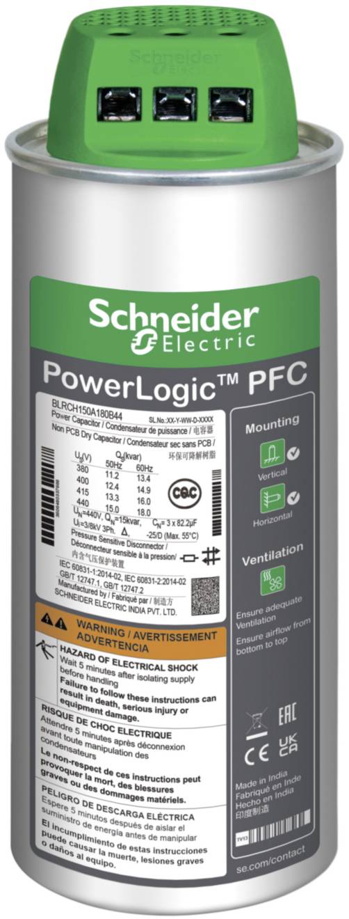 Aluminiumcylinder med grønt låg fra Schneider Electric. Mærkning 'PowerLogic PFC'. Indeholder tekniske detaljer og advarsler.