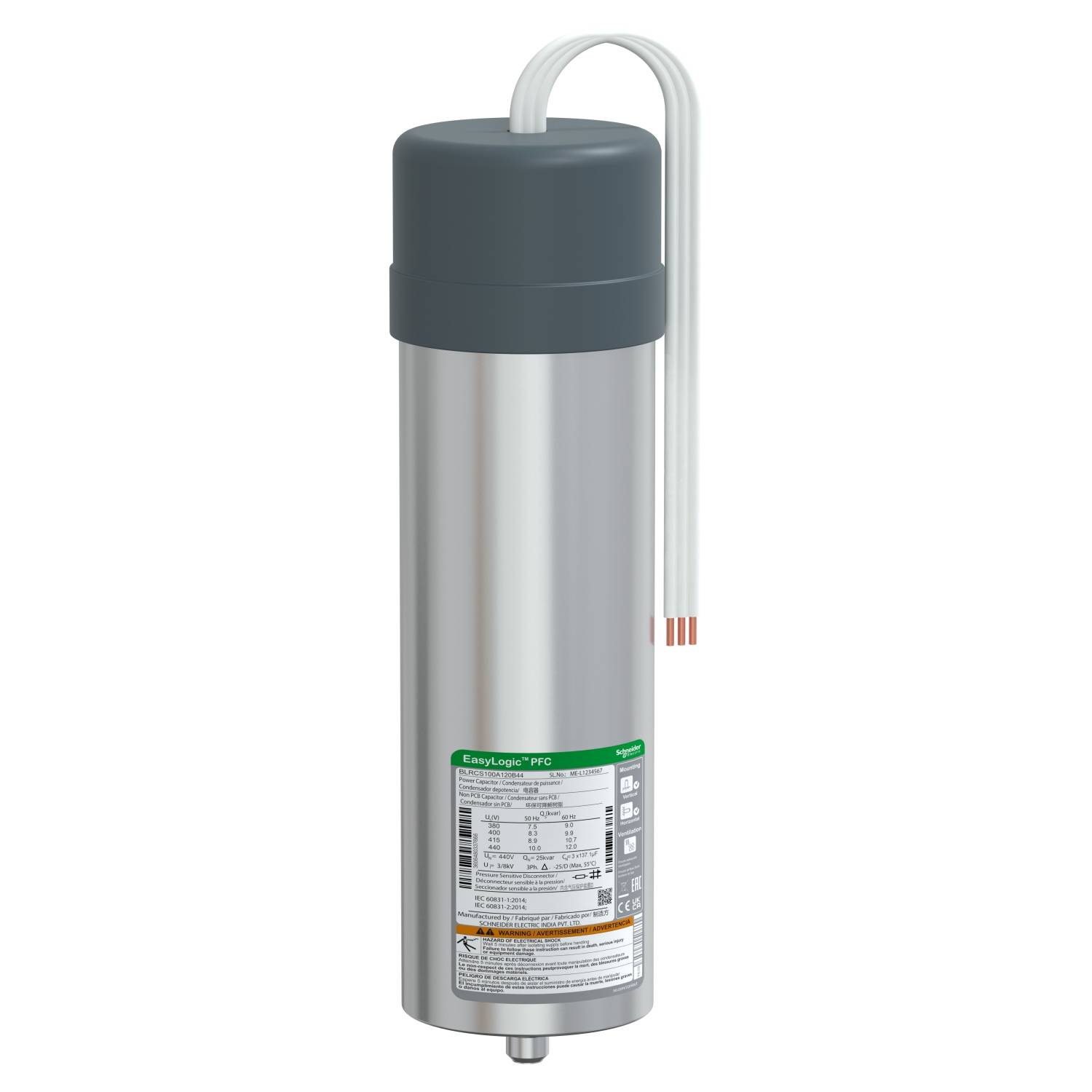 En metalcylinder med et mørkegrå låg og kabelstik. Den har et etiket med tekniske oplysninger.
