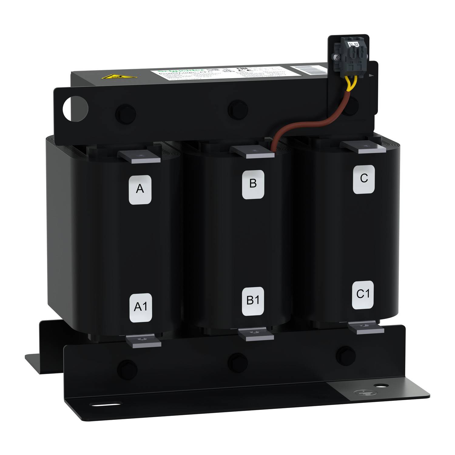 Trefaset drosselspole med tre spoler (A, B, C) på sort sokkel, forbundet med et kabel øverst.
