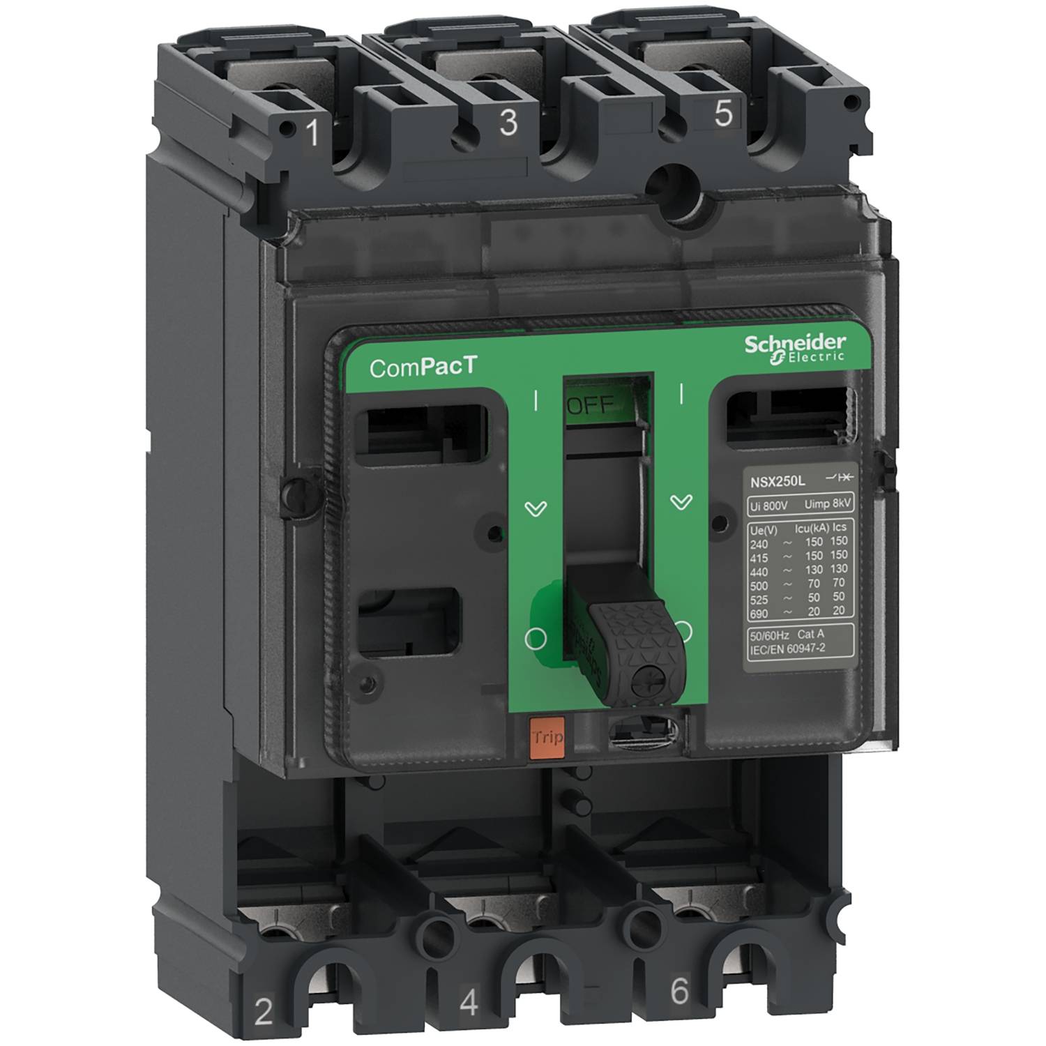 En sort effektafbryder med grøn frontplade fra mærket Schneider Electric, model ComPacT NSX250L, mærket med tekniske specifikationer.