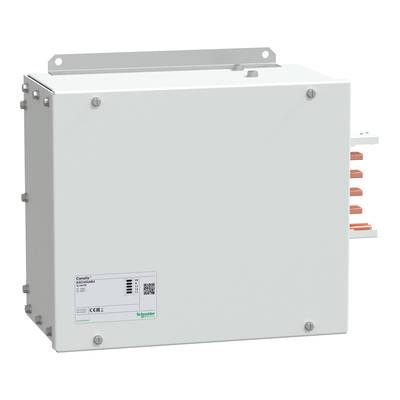 Industrielt kontrolskab med flere tilslutninger. Hvid, robust metalstruktur med producentmærke og produktinformationer.
