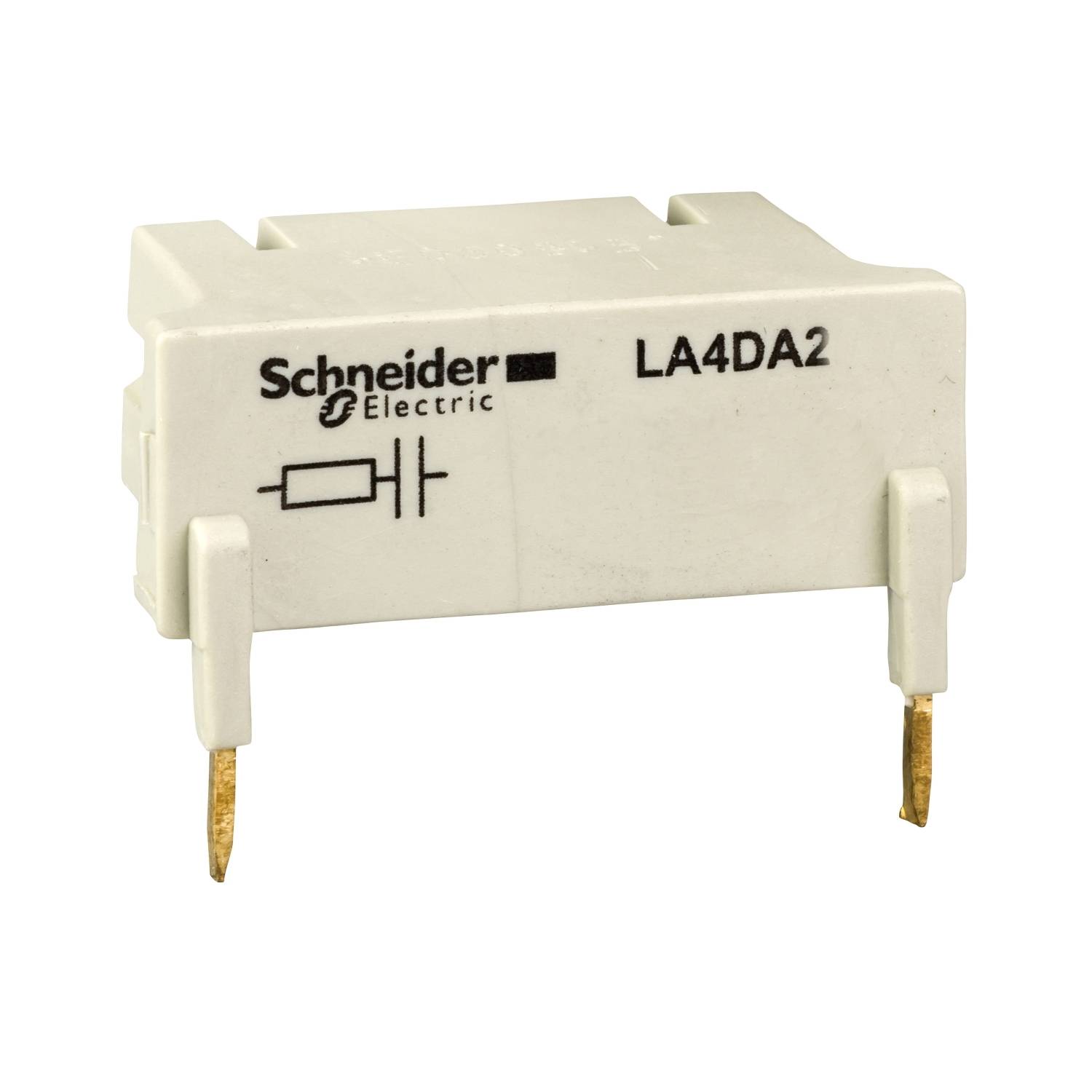 Schneider Electric LA4DA2 tidsrelæ til industrielle koblingsprogram med to metalben til printmontage.