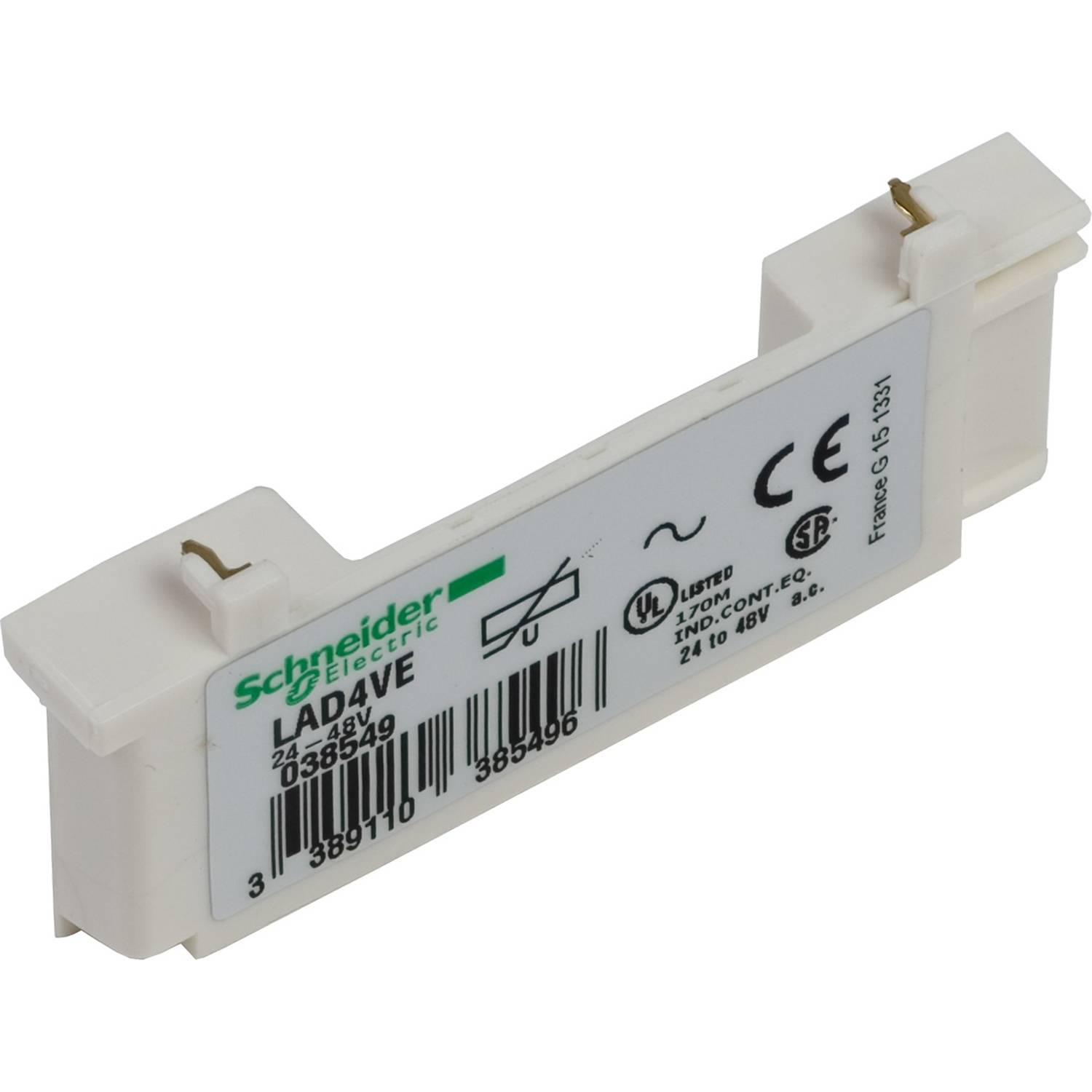 En hvid elektrisk komponent fra Schneider Electric, model LAD4VE, med tekniske symboler og betegnelser på overfladen.