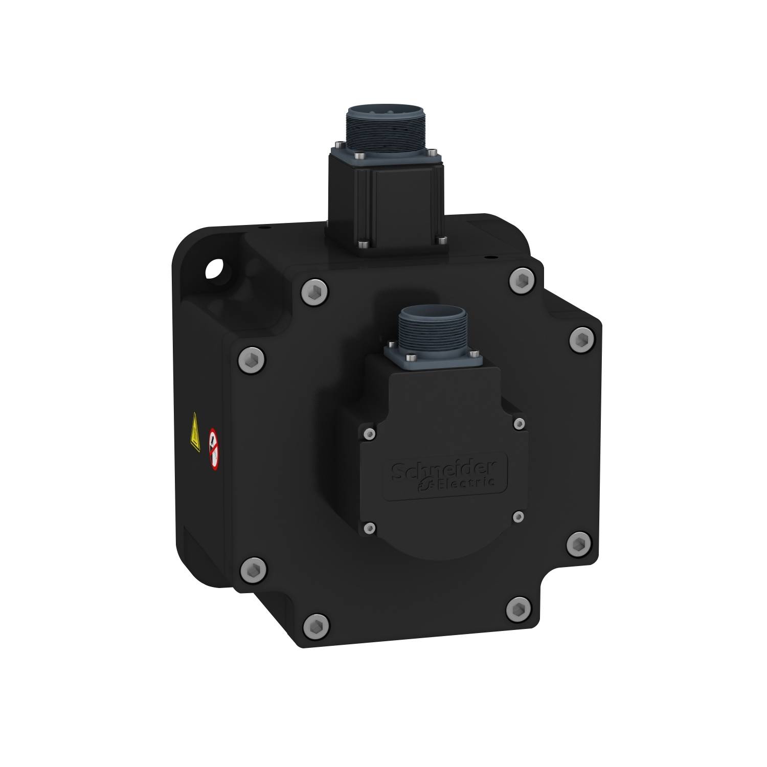 Et sort elektrisk kabinet med to kabelstik øverst. Schneider Electric-varemærkelogo på forsiden.