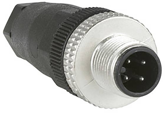 En sort, cylindrisk stik med sølvfarvet metalramme og fire metalben, velegnet til elektroniske enheders forbindelser.