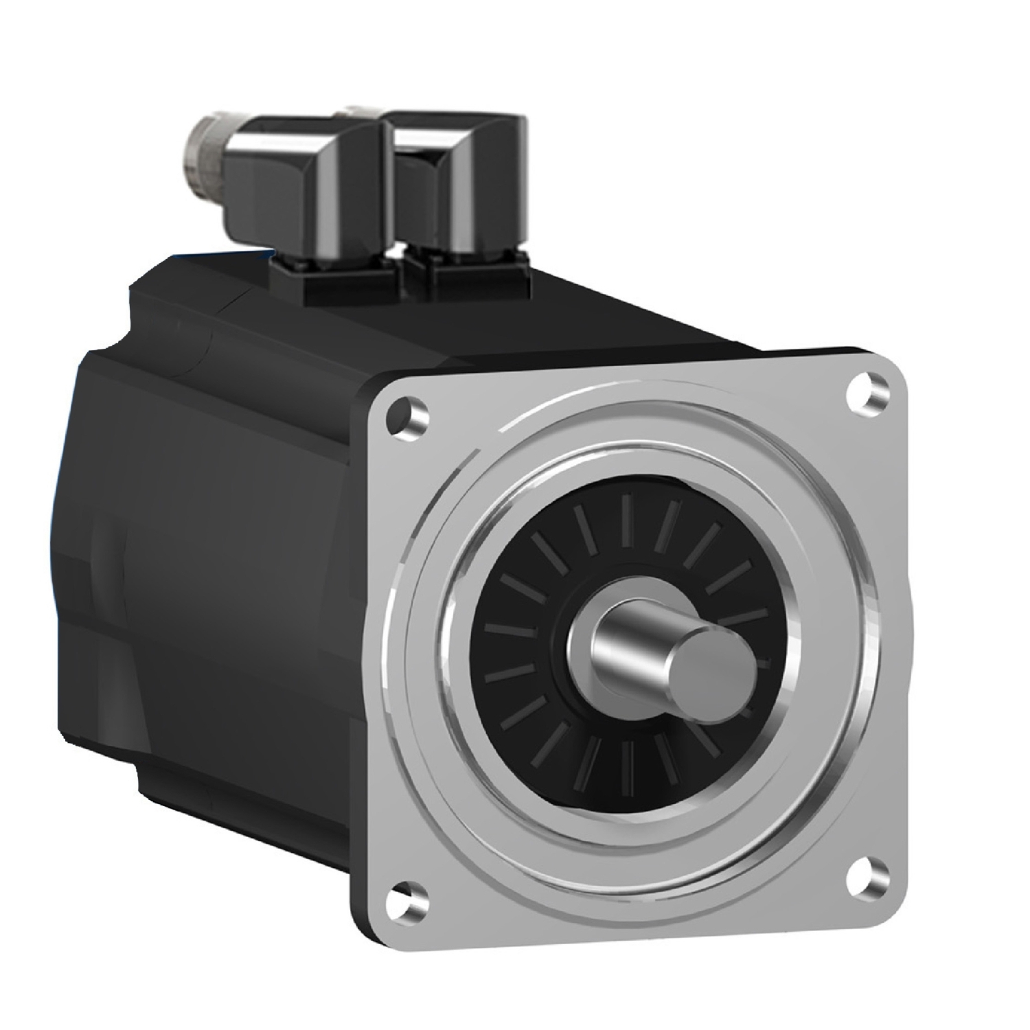 En sort elektromotor med en firkantet frontplade og en cylindrisk aksel i midten. Foroven er kabelstik synlige.