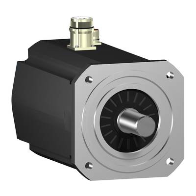 En sort-sølvfarvet elektromotor med cylindrisk aksel og metalliske forbindelsesstik øverst.