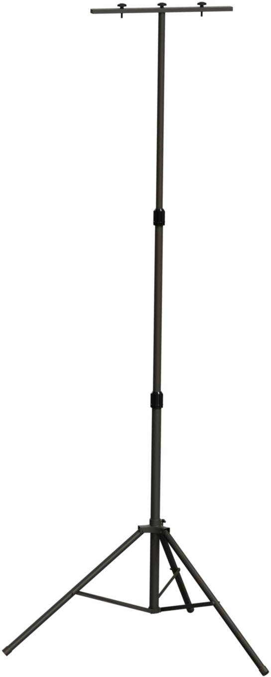 En simpel, sort metalstativ med en trebenet fod for stabilitet. Velegnet til nodeark eller præsentationer.