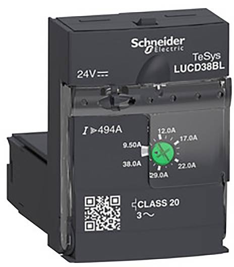 Elektrisk enhed fra Schneider Electric, type 'TeSys LUCD38BL', 24V, med skala og QR-kode på forsiden.