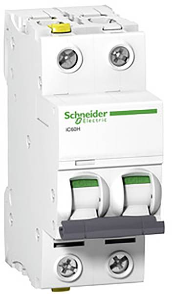 En elektrisk effektafbryder fra Schneider Electric med to kontakter, hvid med grønne og grå detaljer.