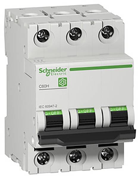 En trepolet effektafbryder fra Schneider Electric, model C60H. Den er udstyret med kontakter til On- og Off-positioner.
