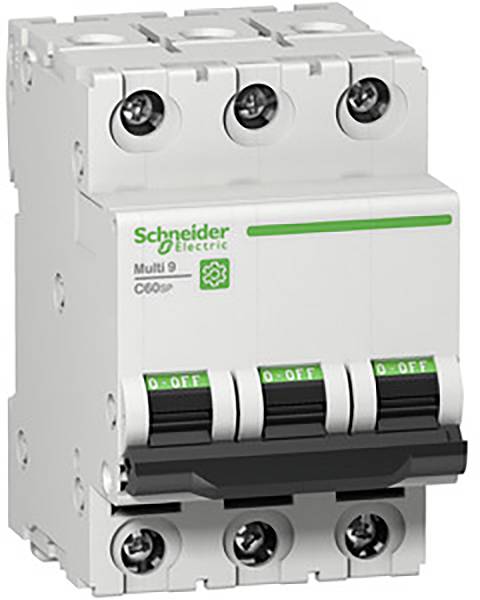 Effektafbryder fra Schneider Electric, model Multi 9, med tre switches til on/off-position, bruges til styring af elektriske kredsløb.