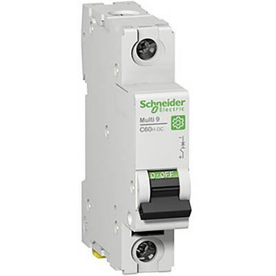 Schneider Electric-effektafbryder, model 'Multi 9 C60N DC', viser ON/OFF-kontakt og tekniske detaljer på forsiden.