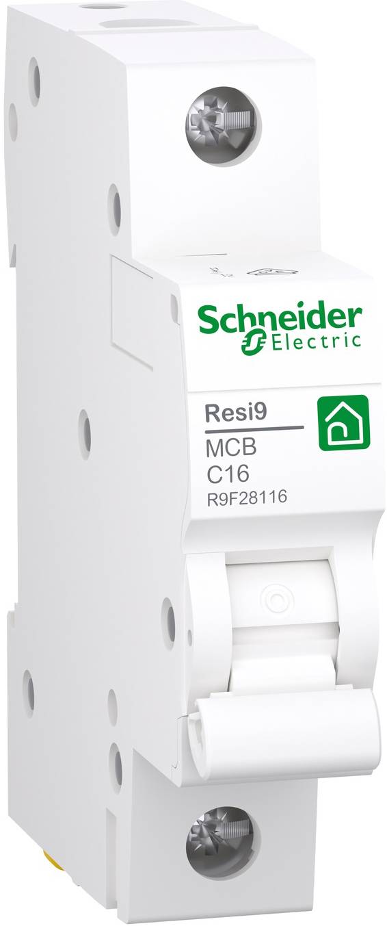 Schneider Electric Resi9 MCB C16 sikringsautomat, hvid, med grønt logo, 1-polet, til beskyttelse af elektriske kredsløb.