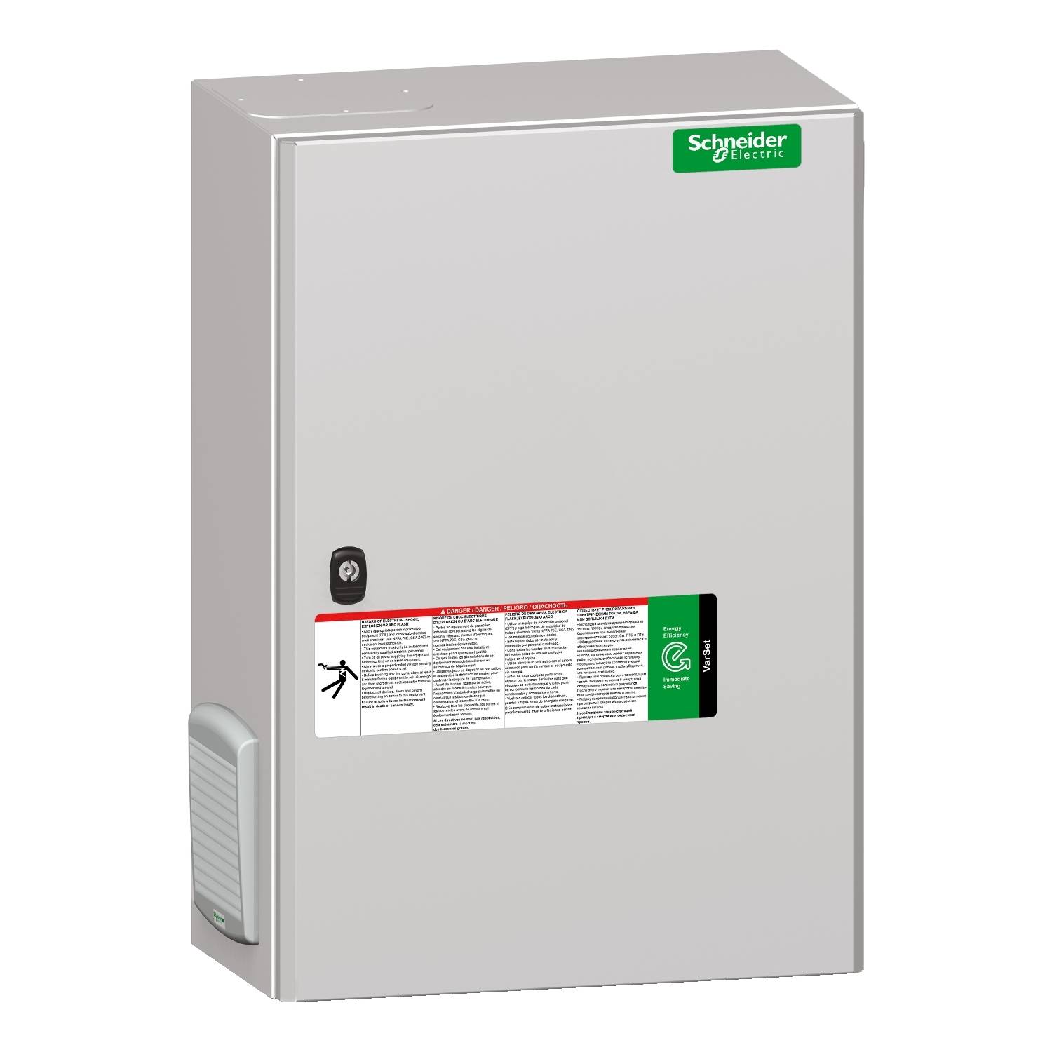 Et grå kontrolskab fra Schneider Electric med advarselsmærkater og en låsemekanisme på forsiden.