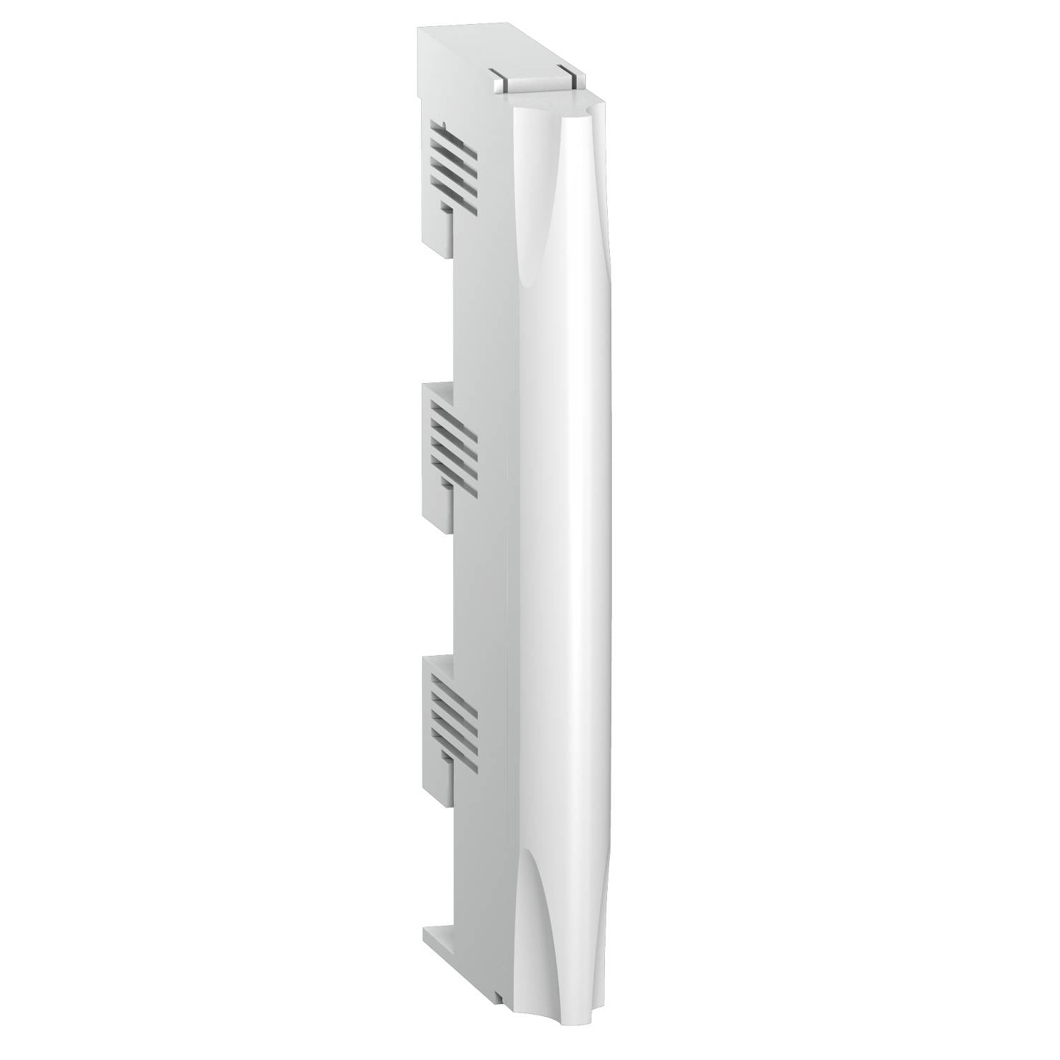 En hvid, lodret orienteret, moderne ventilationskanal med ventilationsåbninger i siderne, egnet til vægmontering.