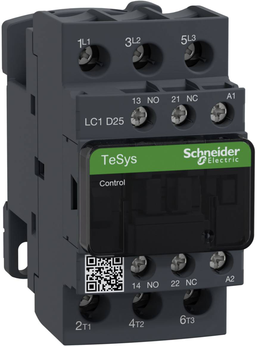 Elektrisk kontaktor fra Schneider Electric, model TeSys LC1 D25, med skrueklemmer og en QR-kode på forsiden.