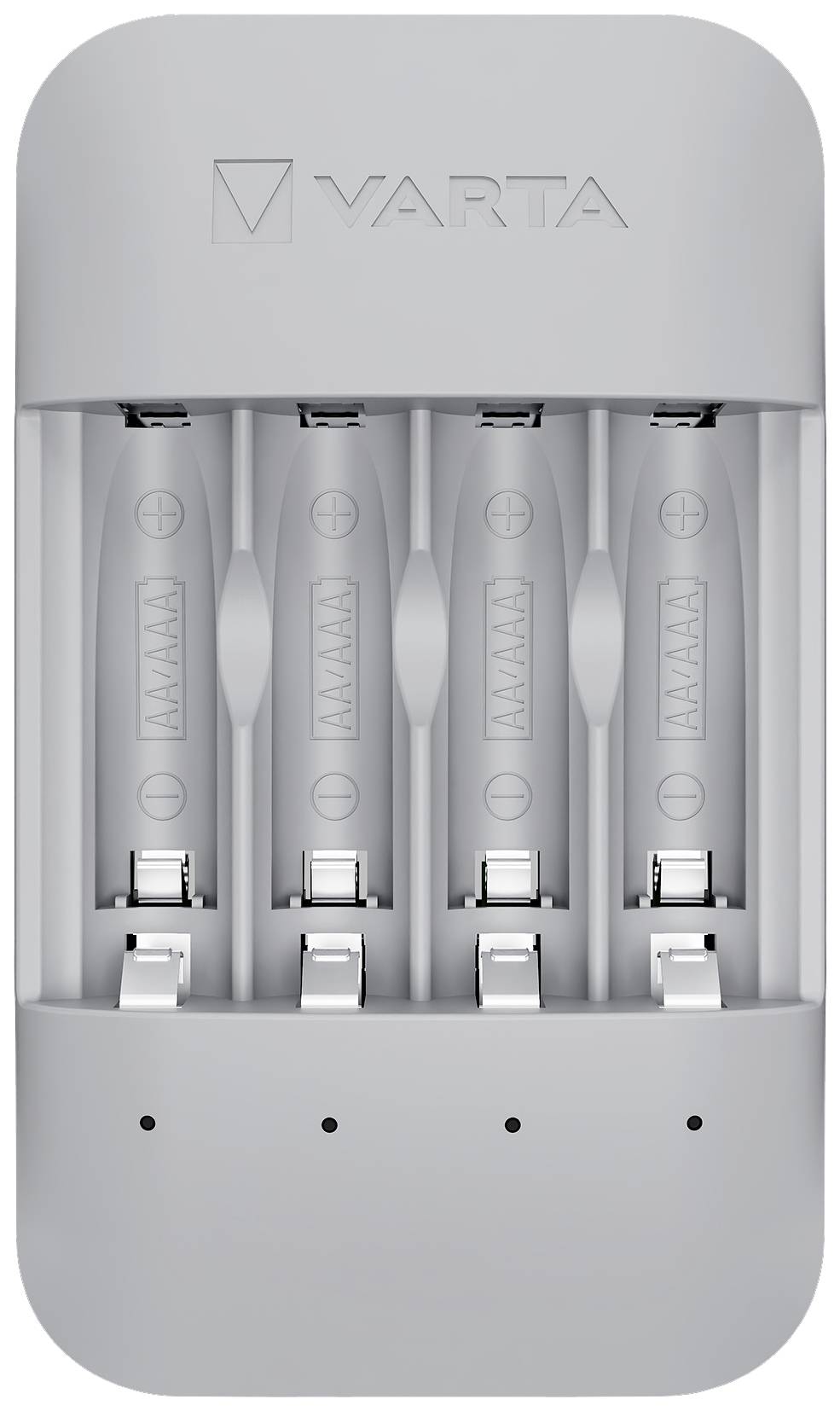 Et sølvfarvet VARTA batterilader med fire pladser til AA- og AAA-batterier, egnet til husholdningsbrug.