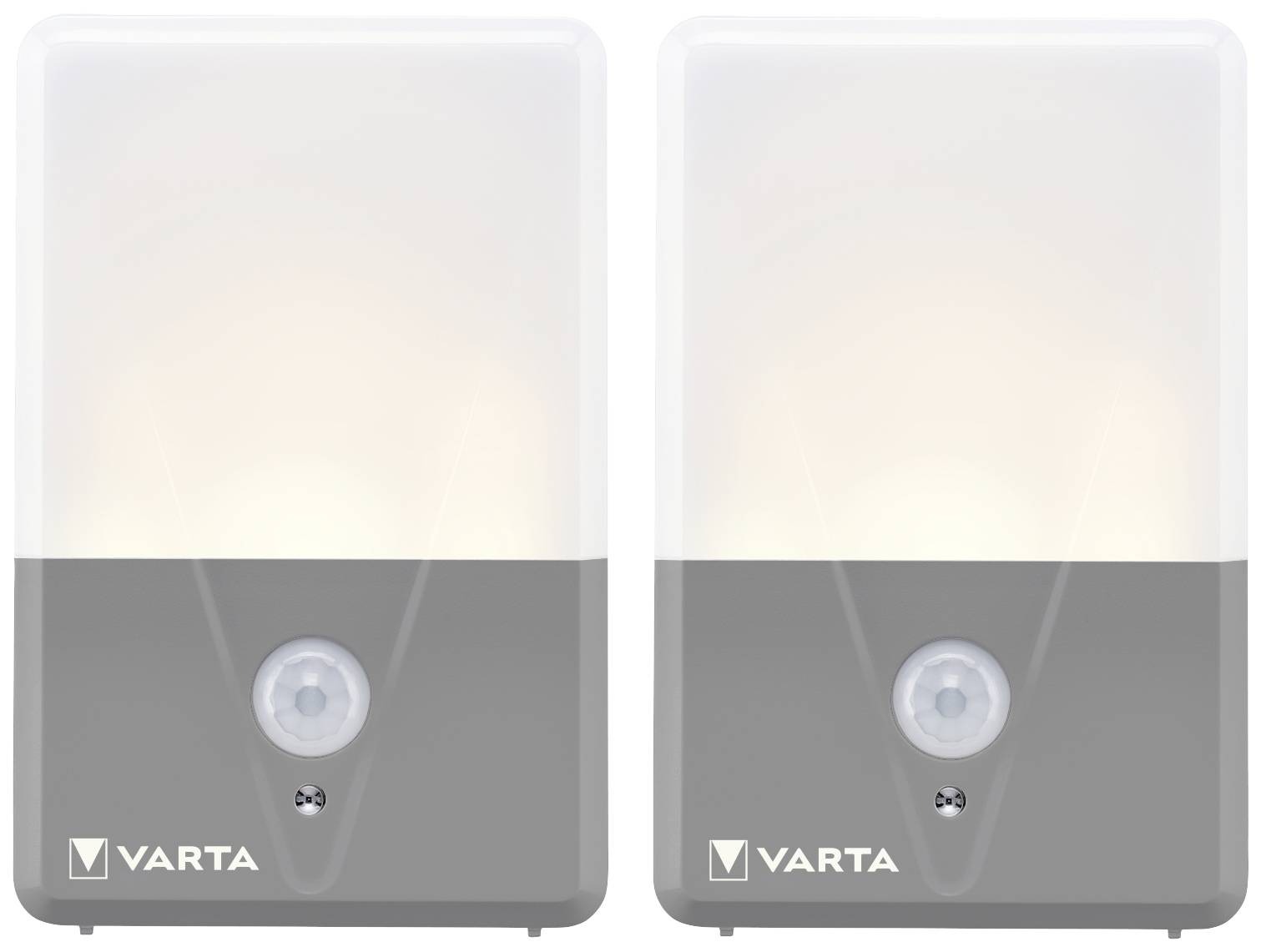 To nattlys i hvid farve med grå base, hver forsynet med en bevægelsessensor og Varta-logoet placeret i nederste venstre hjørne.