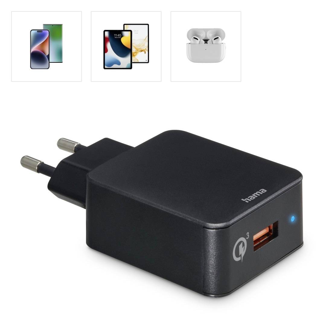 Sort USB-oplader med hurtigopladningsfunktion, egnet til smartphones og trådløse høretelefoner, vist med Euro-stik.