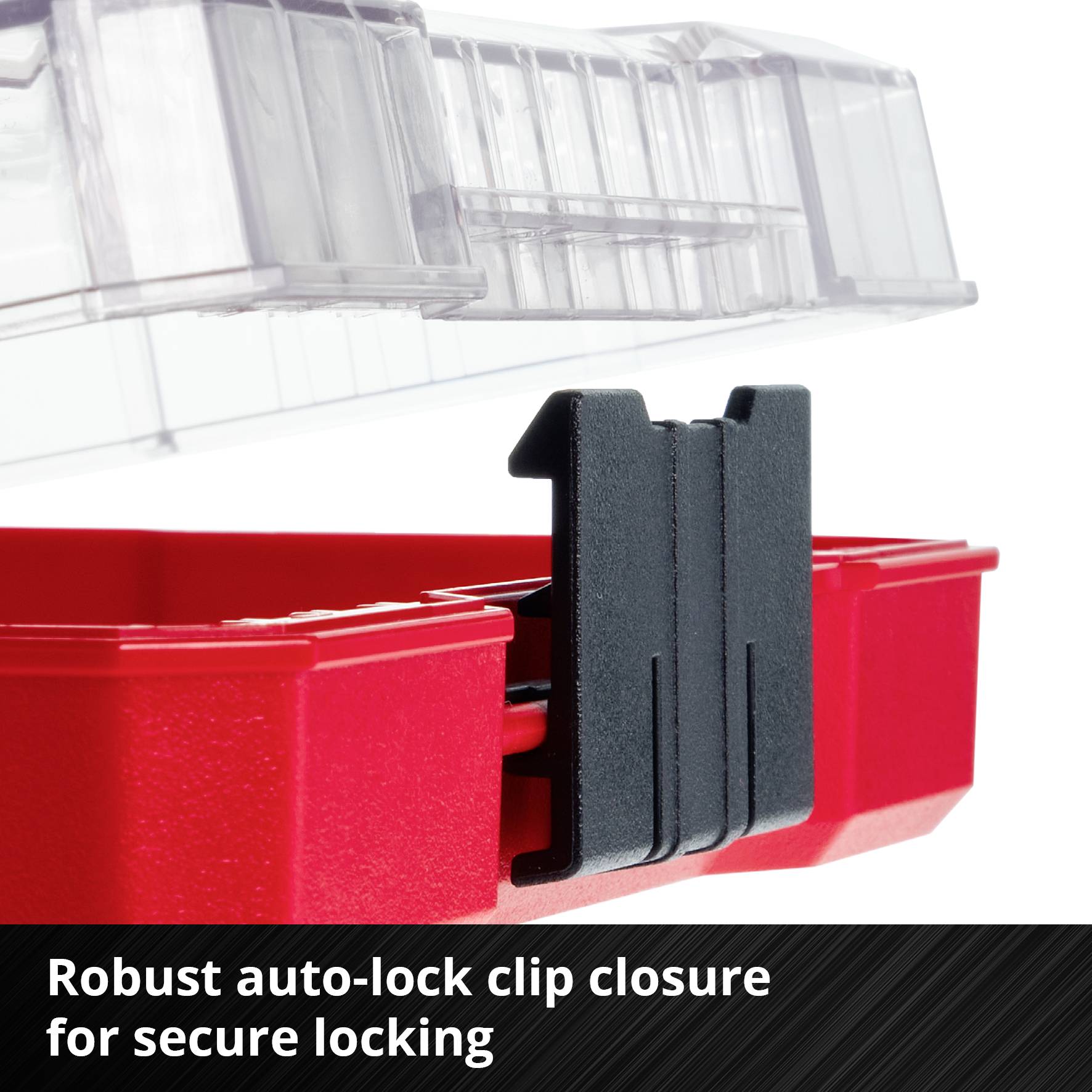 En robust Auto-Lock-clip-lukning på en rød beholder, viser låsemekanisme for sikker fastholdelse.