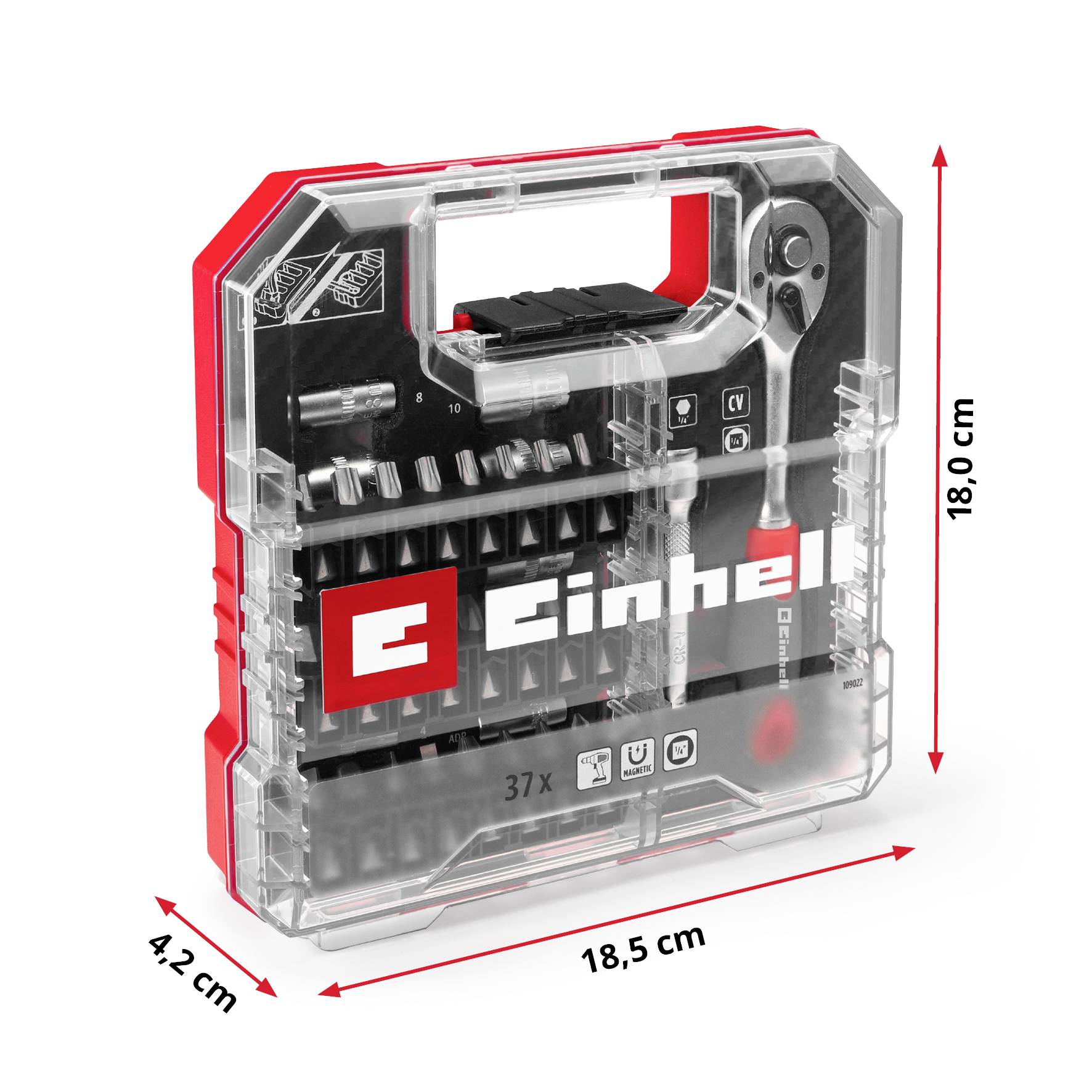En transparent værktøjskasse fra Einhell med 37 bits og en skruetrækker. Mål: 18,5 cm x 18,0 cm x 4,2 cm.
