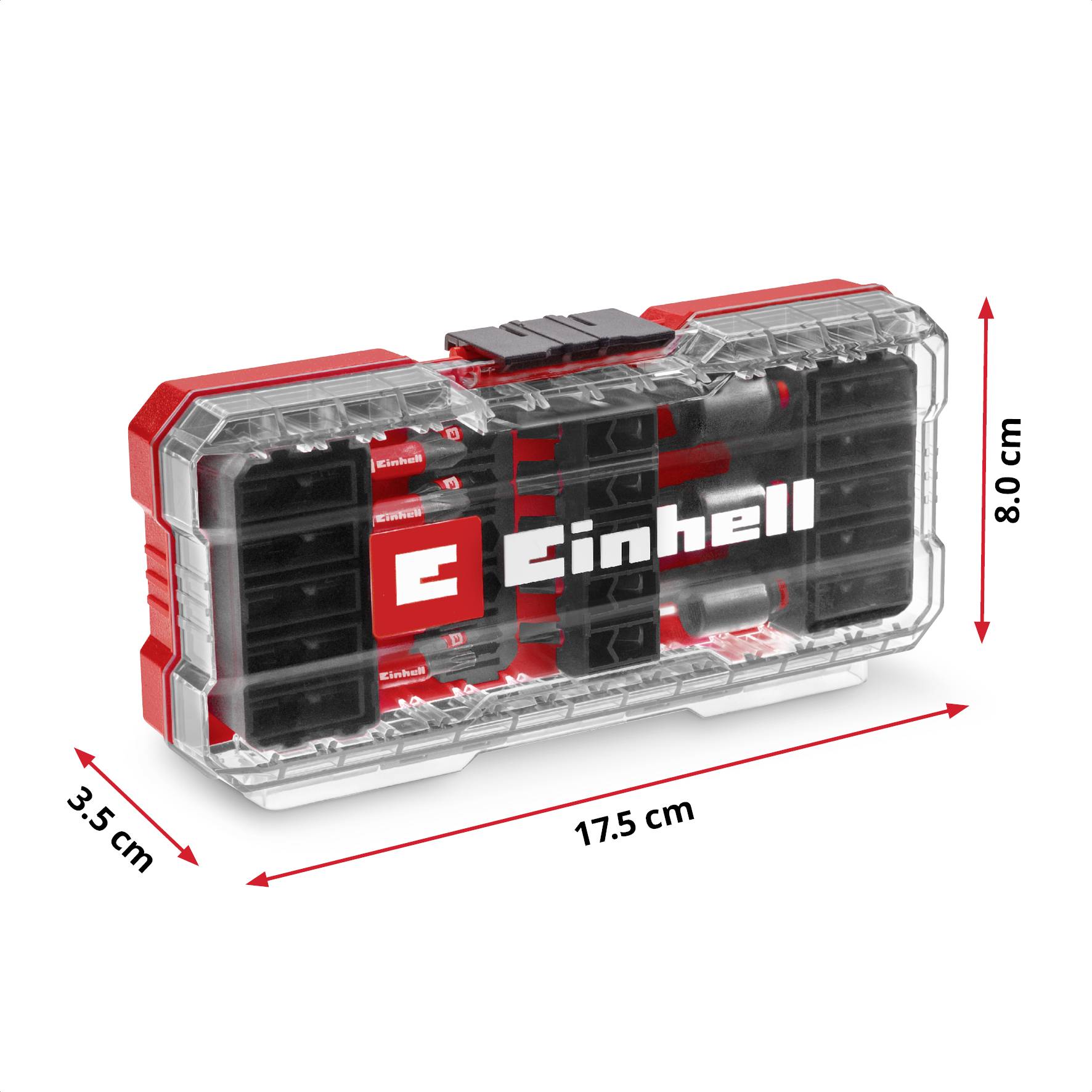 En gennemsigtig værktøjskasse fra Einhell med bits og bitholder, måler 17,5 cm i længden, 8 cm i højden og 3,5 cm i bredden.